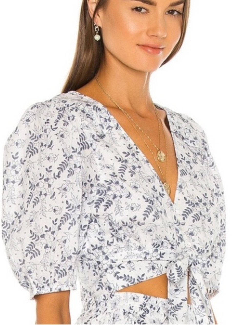 Cleobella Amina Crop Top S Blue White Floral Tie Front Puff Sleeve